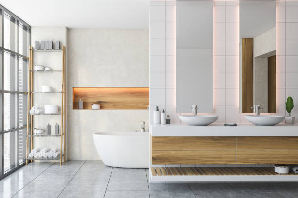 Interior of beautiful bathroom with white walls, tiled floor, comfortable bathtub and double sink. 3d rendering