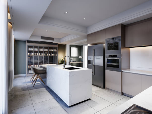 White kitchen island in a modern kitchen with a large glass sideboard with crockery with kitchen furniture in brown. 3d rendering.