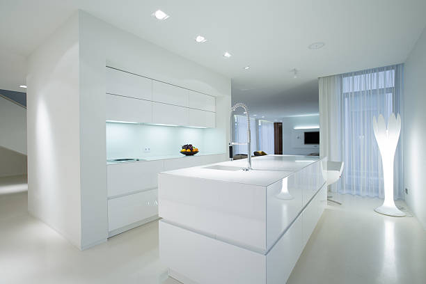 Horizontal view of white gleaming kitchen interior